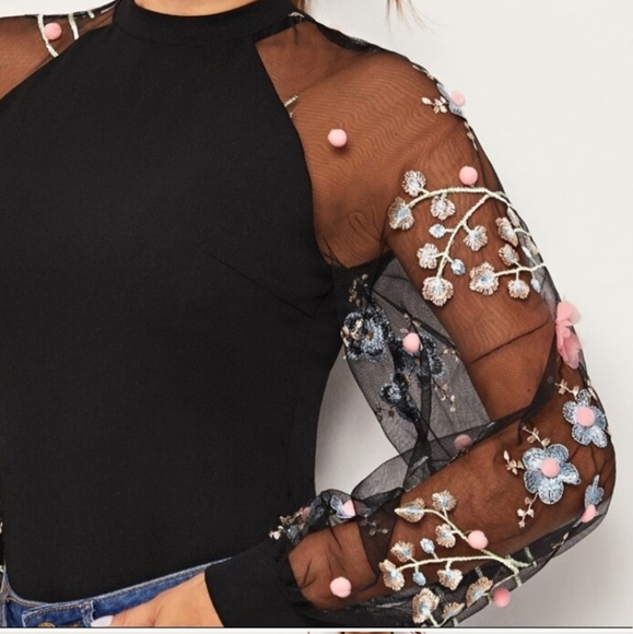 🌞Unique October Love Sheer Flower Sleeves Spring Top Sexy - Picture 5 of 9